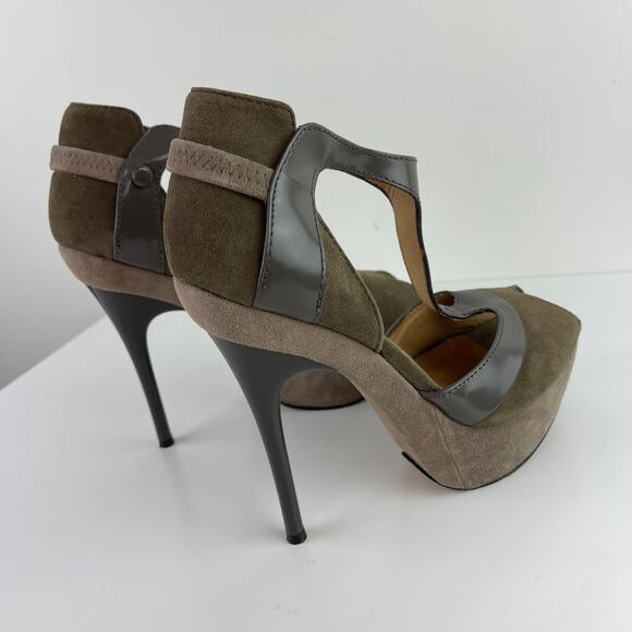 L.A.M.B Taupe Suede High Platform Stiletto Heels Ankle Strap Peep Toe Size 7.5 - Picture 6 of 10